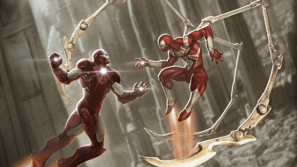 Iron Man And Red Scarlet Spiderman 4k Wallpaper