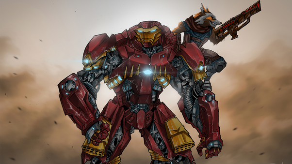 Iron Man In Hulkbuster Armor And Rocket Artwork Wallpaper