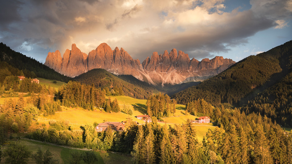 Italy Mountains Autumn Forests Houses Grasslands 4k Wallpaper