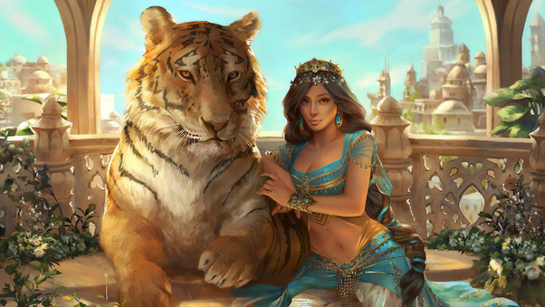 Jasmine Aladdin With Lion Wallpaper
