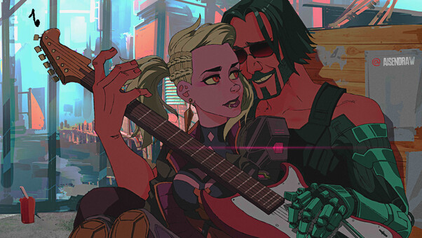Johnny Silverhand In Love Playing Guitar Cyberpunk 2077 Wallpaper
