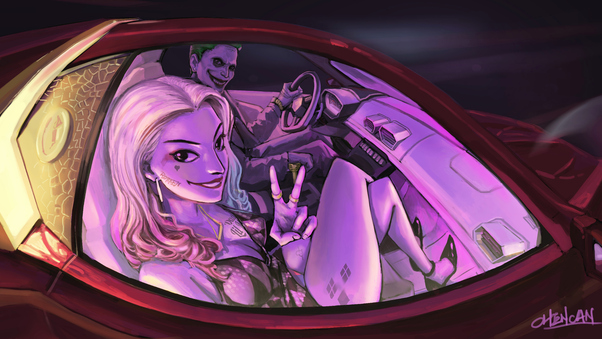 Joker And Harley Quinn In The Car Artwork 8k Wallpaper