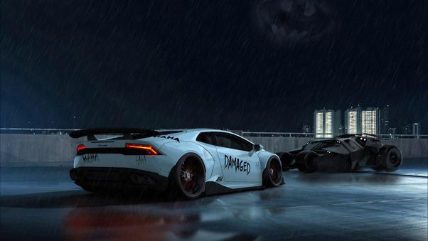 Joker Lamborghini And Batmobile Wallpaper