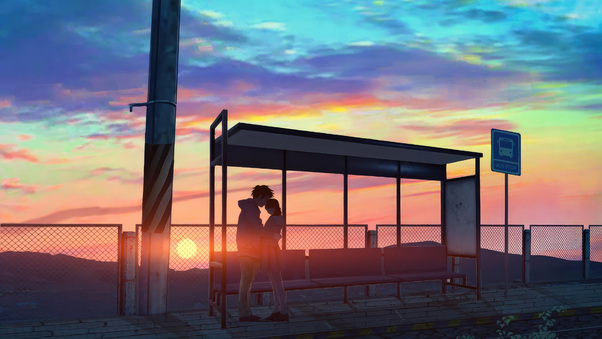 Journey To Love Bus Stop Cuddle Of The Anime Sweethearts Wallpaper