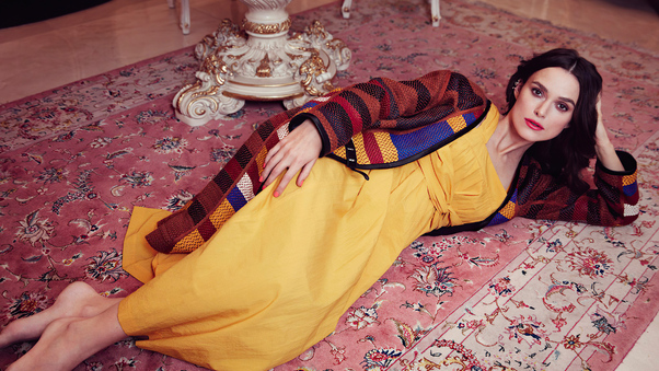 Keira Knightley Yellow Dress Lying Down 4k Wallpaper