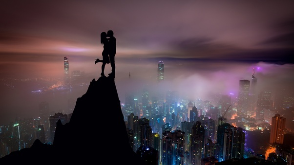 Kiss On Mountain Top Skycrappers Buildings Illustration Wallpaper