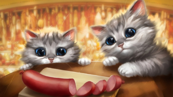 Kittens Seeing Sausage Wallpaper