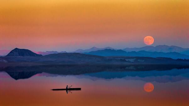 Lake Boat Man Sunset Wallpaper