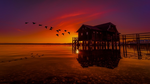 Lake House On Pier Birds Flying Sunset Scenery Wallpaper