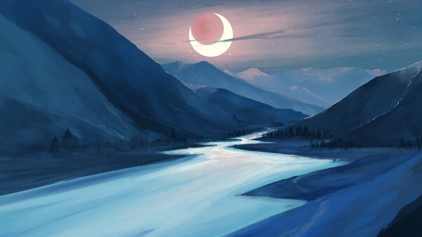 Lake Moon Night Illustration Wallpaper
