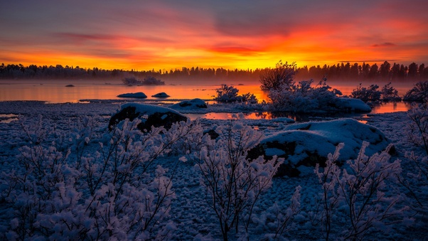 Lake Nature Snow Sunset Wallpaper