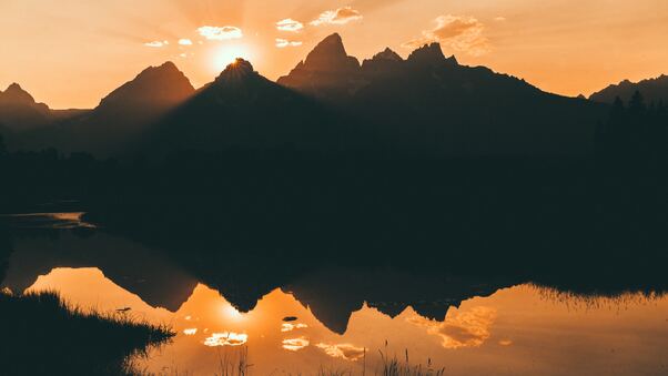 Lake Silhouette Mountains Beside 4k Wallpaper