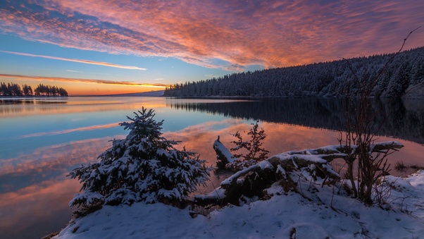 Lake Snow Evening Sunset 5k Wallpaper