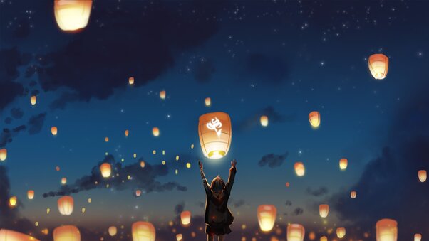 Lantern Night Clouds Lights Anime Stars Wallpaper