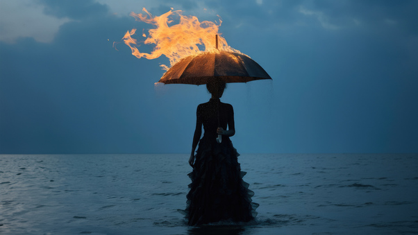 Life Girl Standing Under The Burning Umbrella Wallpaper