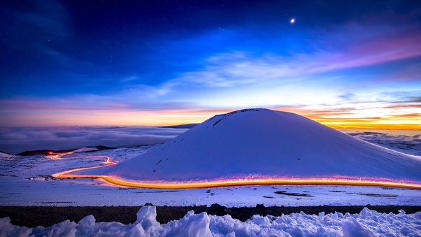 Light Trails Long Exposure Hills Snow Sunset Wallpaper