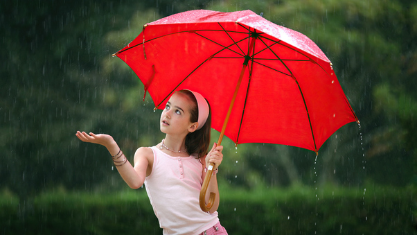Little Girl In Rain With Umbrella 4k Wallpaper
