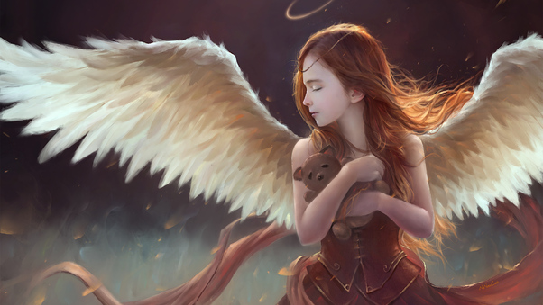 Little Girl Wings Angel With Teddy 4k Wallpaper