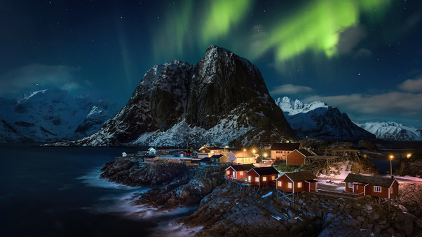 Lofoten Norway Village Aurora Northern Lights 4k Wallpaper