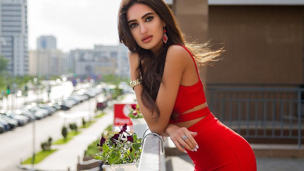 Long Hair Girl Outdoors Red Dress Wallpaper