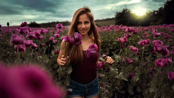 Long Hair Women Outdoor In Flower Field 4k Wallpaper