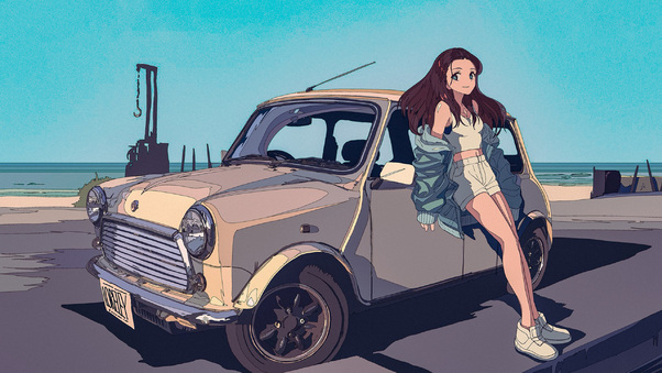 Loreley Anime Leaning On Car Wallpaper