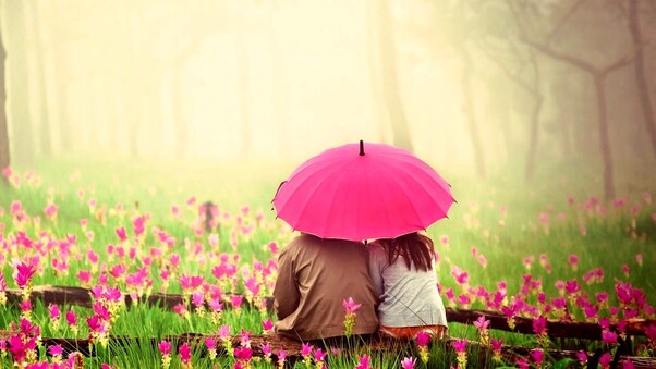 Love Couple In Pink Garden Wallpaper
