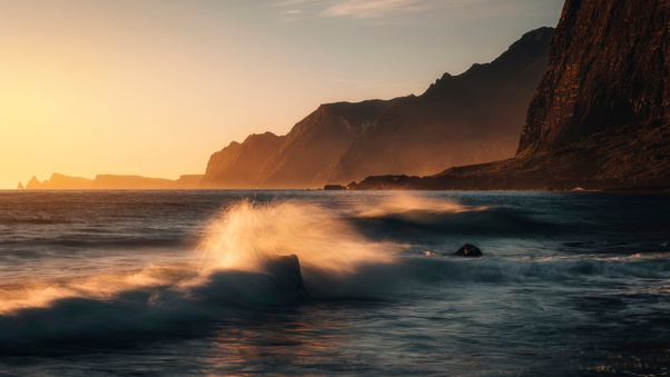 Madeira Ocean Water Sunrise Rocks Down Long Exposure Wallpaper