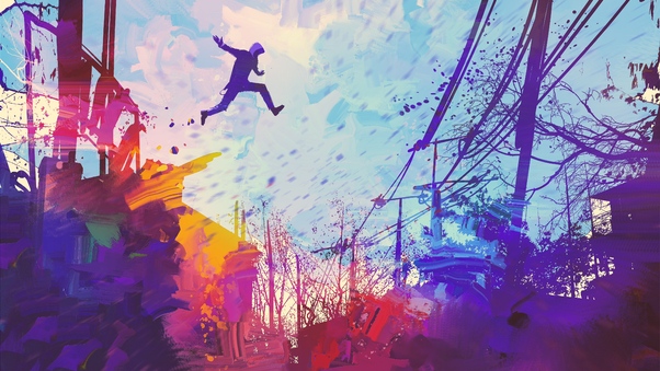Man Jumping Roof Abstract Illustration Painting 5k Wallpaper