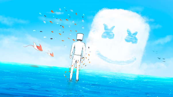 Marshmello Standing In Ocean With Fish Flying (2560x1440) Resolution Wallpaper