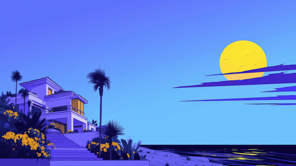 Mediterranean Villa Overlooking Ocean At Golden Hour (1280x720) Resolution Wallpaper