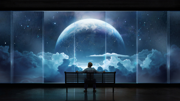 Men Sitting On Bench Looking At Clouds And Moon Wallpaper