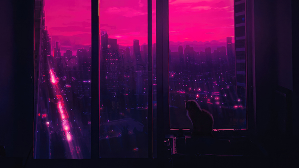 Meow Tastic Neon Nights Cat Synthwave City Wallpaper