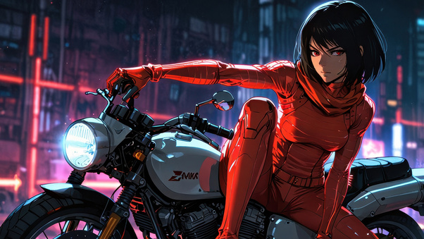 Mikasa Ackerman Cyberpunk Motorcycle Warrior Wallpaper