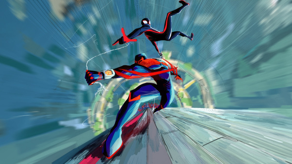 Miles Morales And Spider Man 2099 Takes Flight Wallpaper