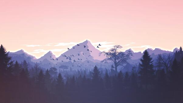 Minimalism Birds Mountains Trees Forest Wallpaper