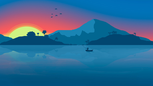 Minimalist Beach Boat Mountains Sunset Birds 8k Wallpaper