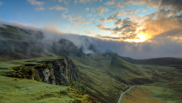 Misty Mountain Valley At Golden Sunrise (2560x1080) Resolution Wallpaper