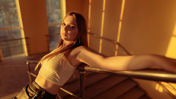 Model Portrait Stairs Sunlight 4k Wallpaper