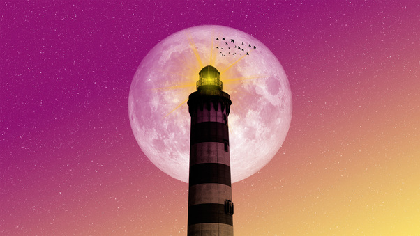 Moon Lighthouse Birds Pink Yellow Sky Wallpaper