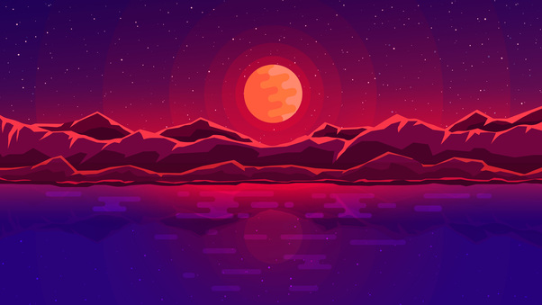 Moon Rays Red Space Sky Abstract Mountains Wallpaper