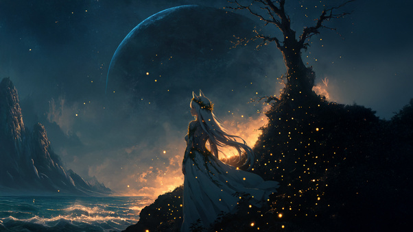 Moonlit Elf In Sparkling Nature Wallpaper