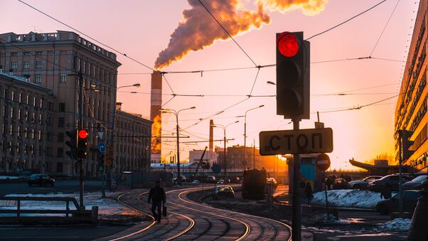 Morning City Traffic Lights Smoke Train Industry Chimney Wallpaper
