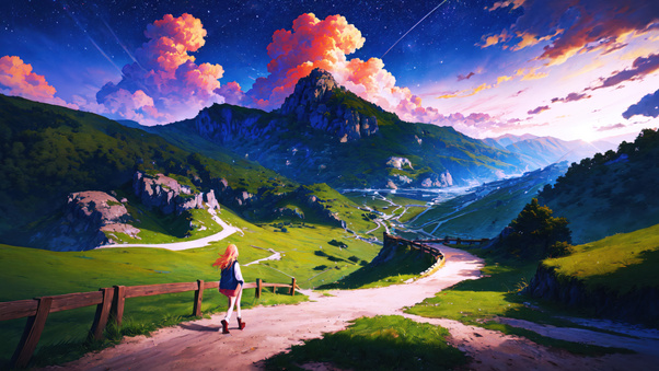 Mountain Anime Girl Hiking Journey Through Alpine Valley (1280x720) Resolution Wallpaper
