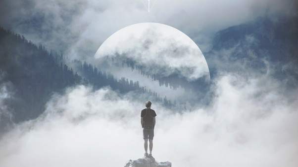 Mountain Man Standing On Rock Manipulation Photography Wallpaper