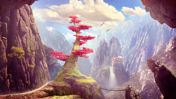 Mountain Tree Temple Fantasy Art Wallpaper