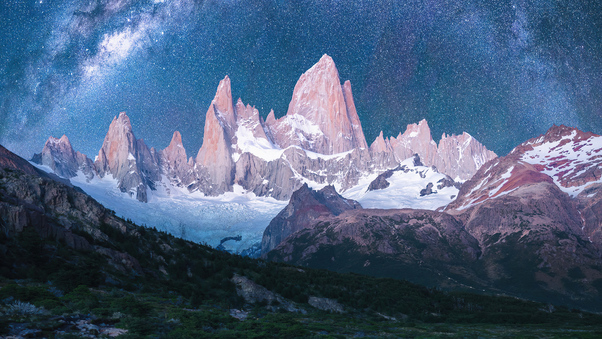 Mountains Snow Stars Galaxy 4k Wallpaper