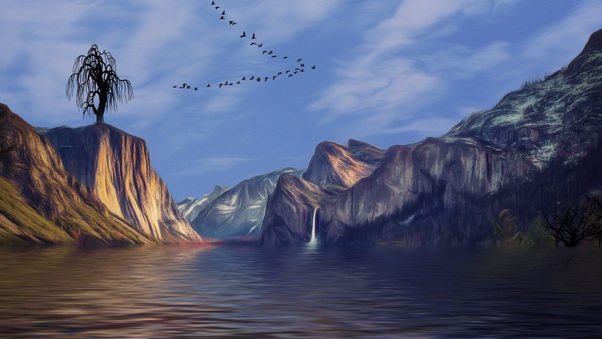 Mountains Valley Landscape Artistic Birds Flying Wallpaper