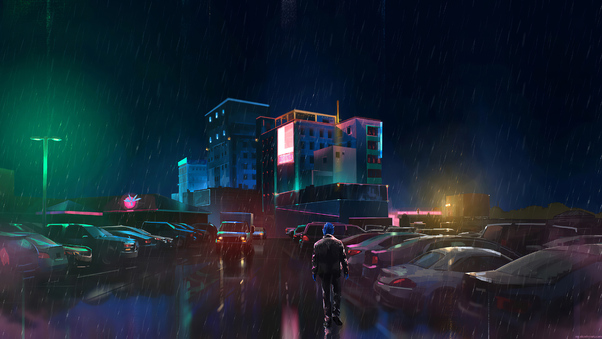 Neon Man Walking In Rain 4k Wallpaper