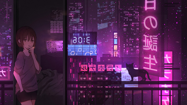 Neon Night Anime Girl Cat Wallpaper